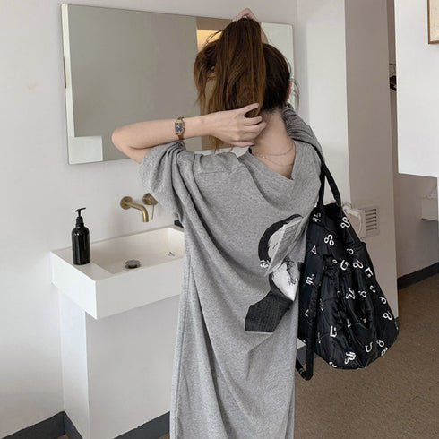 五分袖Tシャツワンピース バックプリント レディース オーバーサイズ ゆったりチュニックワンピース 体型カバー マタニティワンピ夏 BIGシルエットロングTシャツ 86XHUAID-007