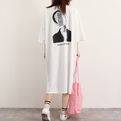 五分袖Tシャツワンピース バックプリント レディース オーバーサイズ ゆったりチュニックワンピース 体型カバー マタニティワンピ夏 BIGシルエットロングTシャツ 86XHUAID-007