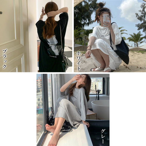 五分袖Tシャツワンピース バックプリント レディース オーバーサイズ ゆったりチュニックワンピース 体型カバー マタニティワンピ夏 BIGシルエットロングTシャツ 86XHUAID-007