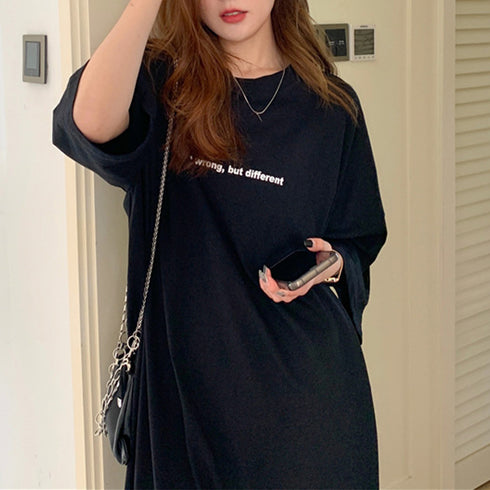 五分袖Tシャツワンピース バックプリント レディース オーバーサイズ ゆったりチュニックワンピース 体型カバー マタニティワンピ夏 BIGシルエットロングTシャツ 86XHUAID-007