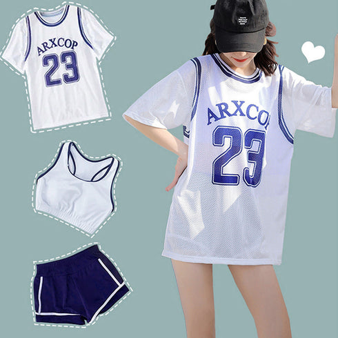 水着3点セット 韓国風 フィットネス水着 スポーティーセパレート水着 オーバーTシャツ タンキニタンク ショートパンツ スイムウェア 着やせ 運動風体型カバー水着 86XINNI-001