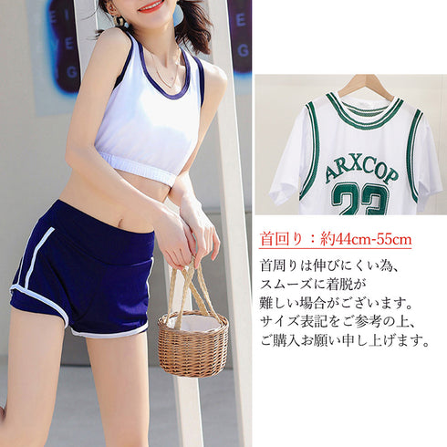 水着3点セット 韓国風 フィットネス水着 スポーティーセパレート水着 オーバーTシャツ タンキニタンク ショートパンツ スイムウェア 着やせ 運動風体型カバー水着 86XINNI-001