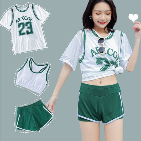 水着3点セット 韓国風 フィットネス水着 スポーティーセパレート水着 オーバーTシャツ タンキニタンク ショートパンツ スイムウェア 着やせ 運動風体型カバー水着 86XINNI-001