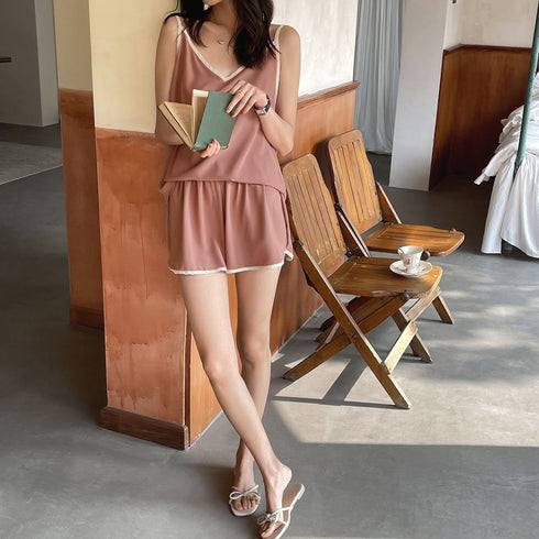 ルームウエア セットアップ 夏 部屋着 大人可愛い Vネック キャミソール ショートパンツ 上下セット 薄手 セクシー パジャマ2点セット バイカラー 韓国風 86XINXIANG-001