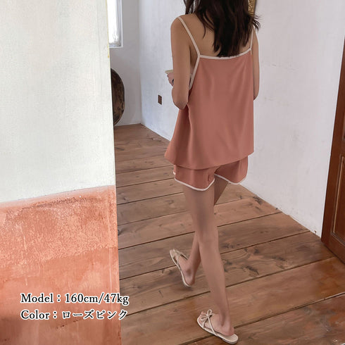 ルームウエア セットアップ 夏 部屋着 大人可愛い Vネック キャミソール ショートパンツ 上下セット 薄手 セクシー パジャマ2点セット バイカラー 韓国風 86XINXIANG-001