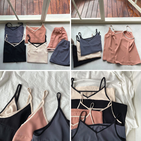 ルームウエア セットアップ 夏 部屋着 大人可愛い Vネック キャミソール ショートパンツ 上下セット 薄手 セクシー パジャマ2点セット バイカラー 韓国風 86XINXIANG-001