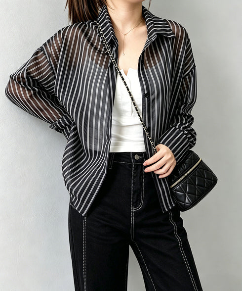 ストライプ柄シアーシャツ 大人カジュアル レディース UV対策冷房対策長袖シャツ透け感 夏服ブラウス 体型カバー 着やせカーディガン シースルー羽織り春夏こなれ感 86XXXIN-001