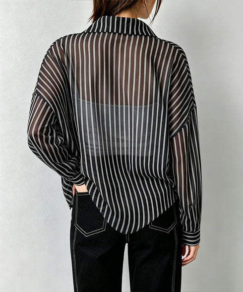 ストライプ柄シアーシャツ 大人カジュアル レディース UV対策冷房対策長袖シャツ透け感 夏服ブラウス 体型カバー 着やせカーディガン シースルー羽織り春夏こなれ感 86XXXIN-001