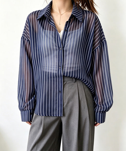 ストライプ柄シアーシャツ 大人カジュアル レディース UV対策冷房対策長袖シャツ透け感 夏服ブラウス 体型カバー 着やせカーディガン シースルー羽織り春夏こなれ感 86XXXIN-001