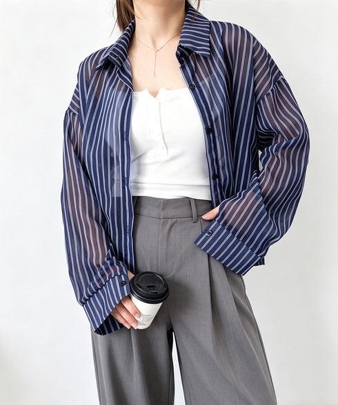 ストライプ柄シアーシャツ 大人カジュアル レディース UV対策冷房対策長袖シャツ透け感 夏服ブラウス 体型カバー 着やせカーディガン シースルー羽織り春夏こなれ感 86XXXIN-001