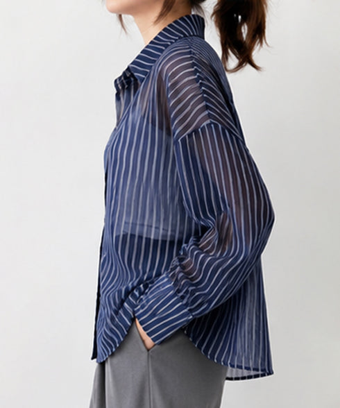 ストライプ柄シアーシャツ 大人カジュアル レディース UV対策冷房対策長袖シャツ透け感 夏服ブラウス 体型カバー 着やせカーディガン シースルー羽織り春夏こなれ感 86XXXIN-001