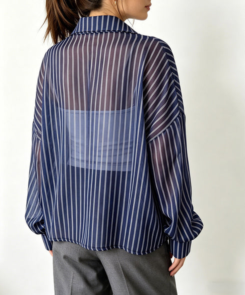 ストライプ柄シアーシャツ 大人カジュアル レディース UV対策冷房対策長袖シャツ透け感 夏服ブラウス 体型カバー 着やせカーディガン シースルー羽織り春夏こなれ感 86XXXIN-001