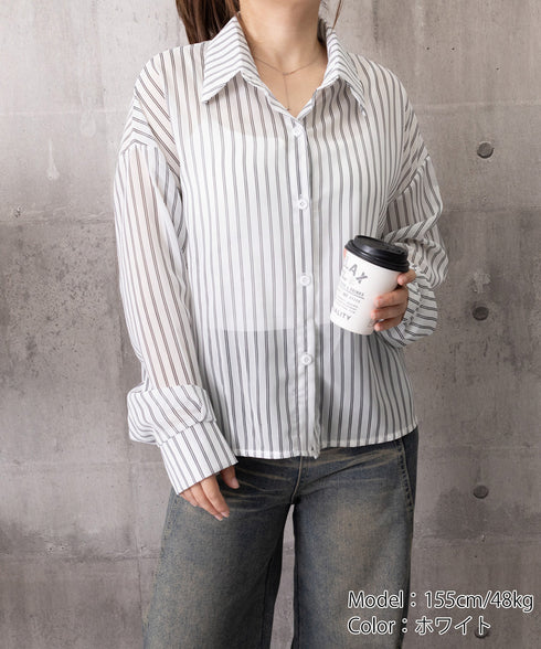 ストライプ柄シアーシャツ 大人カジュアル レディース UV対策冷房対策長袖シャツ透け感 夏服ブラウス 体型カバー 着やせカーディガン シースルー羽織り春夏こなれ感 86XXXIN-001
