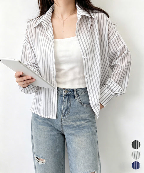 ストライプ柄シアーシャツ 大人カジュアル レディース UV対策冷房対策長袖シャツ透け感 夏服ブラウス 体型カバー 着やせカーディガン シースルー羽織り春夏こなれ感 86XXXIN-001