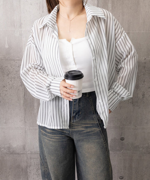 ストライプ柄シアーシャツ 大人カジュアル レディース UV対策冷房対策長袖シャツ透け感 夏服ブラウス 体型カバー 着やせカーディガン シースルー羽織り春夏こなれ感 86XXXIN-001