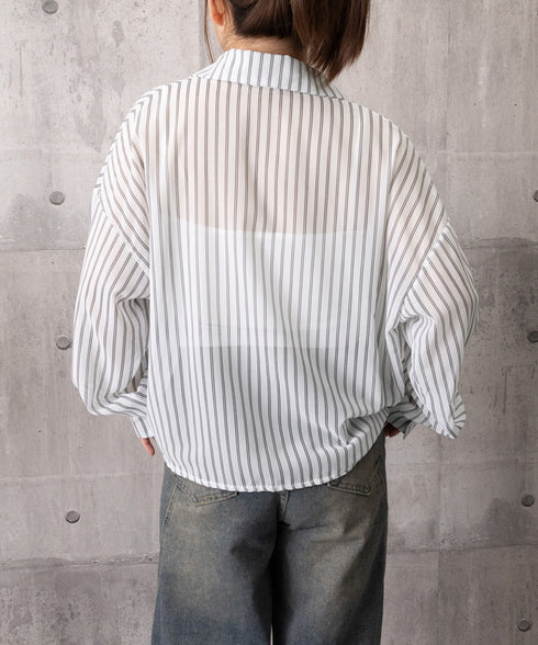 ストライプ柄シアーシャツ 大人カジュアル レディース UV対策冷房対策長袖シャツ透け感 夏服ブラウス 体型カバー 着やせカーディガン シースルー羽織り春夏こなれ感 86XXXIN-001