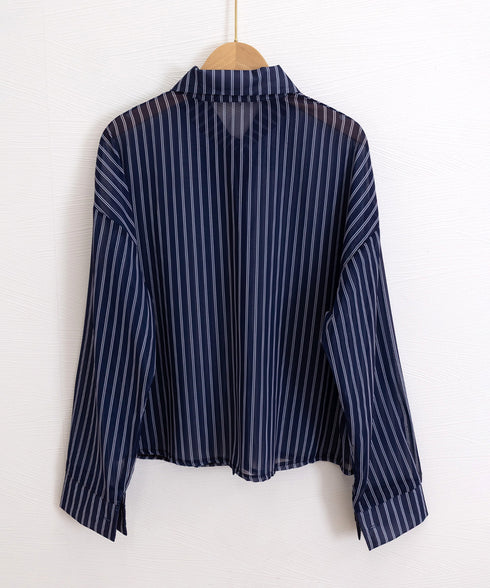ストライプ柄シアーシャツ 大人カジュアル レディース UV対策冷房対策長袖シャツ透け感 夏服ブラウス 体型カバー 着やせカーディガン シースルー羽織り春夏こなれ感 86XXXIN-001