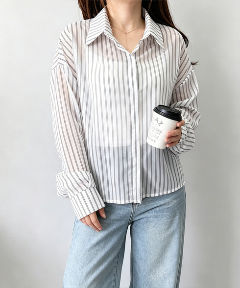 ストライプ柄シアーシャツ 大人カジュアル レディース UV対策冷房対策長袖シャツ透け感 夏服ブラウス 体型カバー 着やせカーディガン シースルー羽織り春夏こなれ感 86XXXIN-001
