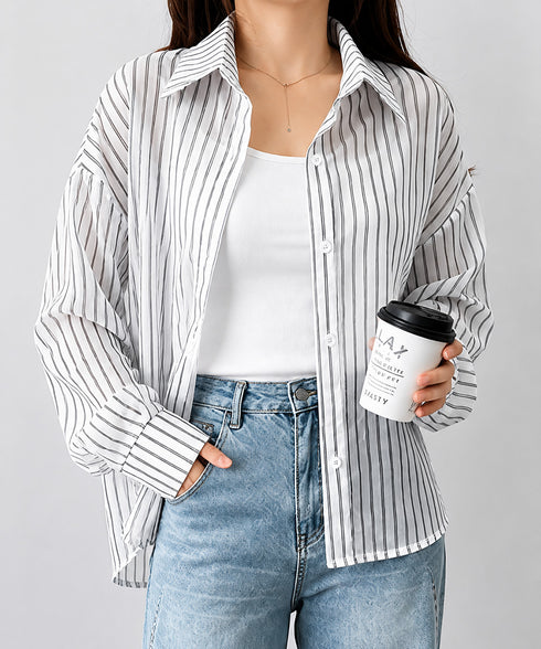 ストライプ柄シアーシャツ 大人カジュアル レディース UV対策冷房対策長袖シャツ透け感 夏服ブラウス 体型カバー 着やせカーディガン シースルー羽織り春夏こなれ感 86XXXIN-001