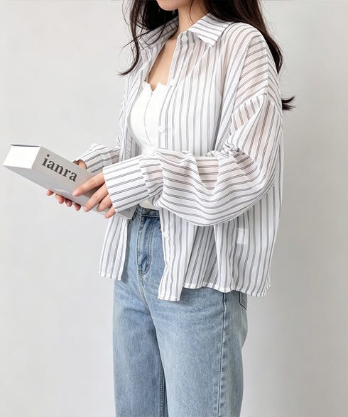 ストライプ柄シアーシャツ 大人カジュアル レディース UV対策冷房対策長袖シャツ透け感 夏服ブラウス 体型カバー 着やせカーディガン シースルー羽織り春夏こなれ感 86XXXIN-001