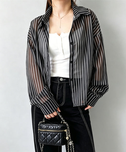 ストライプ柄シアーシャツ 大人カジュアル レディース UV対策冷房対策長袖シャツ透け感 夏服ブラウス 体型カバー 着やせカーディガン シースルー羽織り春夏こなれ感 86XXXIN-001