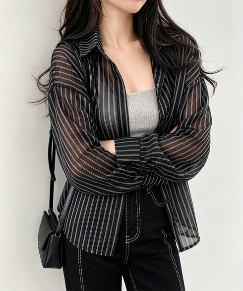 ストライプ柄シアーシャツ 大人カジュアル レディース UV対策冷房対策長袖シャツ透け感 夏服ブラウス 体型カバー 着やせカーディガン シースルー羽織り春夏こなれ感 86XXXIN-001