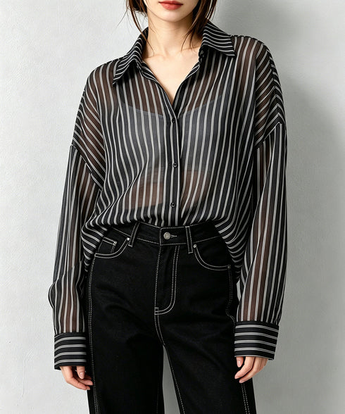 ストライプ柄シアーシャツ 大人カジュアル レディース UV対策冷房対策長袖シャツ透け感 夏服ブラウス 体型カバー 着やせカーディガン シースルー羽織り春夏こなれ感 86XXXIN-001