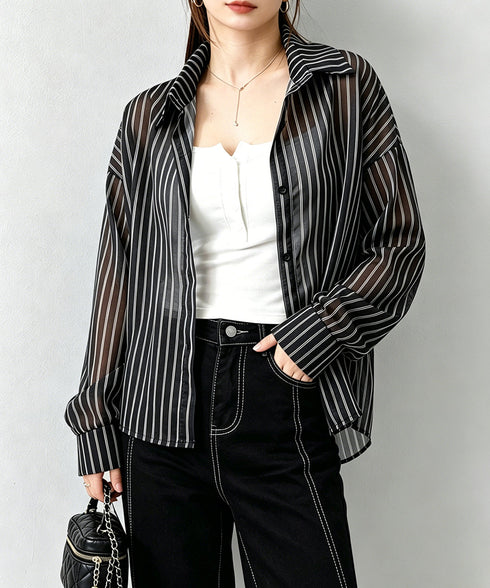 ストライプ柄シアーシャツ 大人カジュアル レディース UV対策冷房対策長袖シャツ透け感 夏服ブラウス 体型カバー 着やせカーディガン シースルー羽織り春夏こなれ感 86XXXIN-001