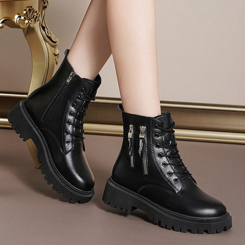 トラックソールブーツ 厚底ショートブーツ 韓国レースアップブーツ 歩きやすい ラウンドトゥマニッシュシューズ レディース アンクルブーツ サイドジッパー 痛くない 86YANYUE-001