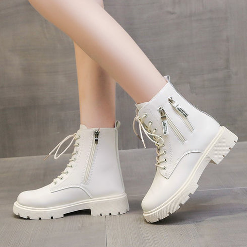 トラックソールブーツ 厚底ショートブーツ 韓国レースアップブーツ 歩きやすい ラウンドトゥマニッシュシューズ レディース アンクルブーツ サイドジッパー 痛くない 86YANYUE-001