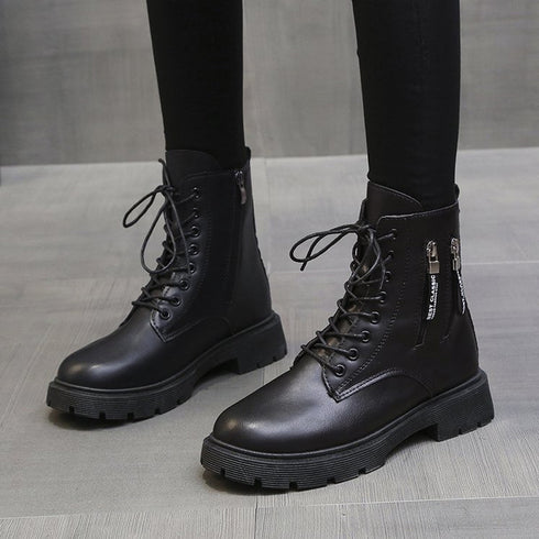 トラックソールブーツ 厚底ショートブーツ 韓国レースアップブーツ 歩きやすい ラウンドトゥマニッシュシューズ レディース アンクルブーツ サイドジッパー 痛くない 86YANYUE-001