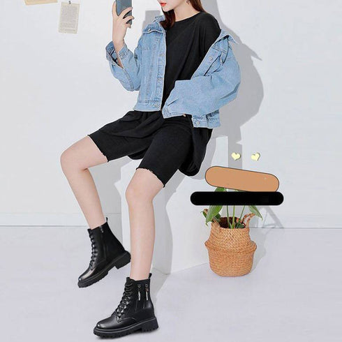 トラックソールブーツ 厚底ショートブーツ 韓国レースアップブーツ 歩きやすい ラウンドトゥマニッシュシューズ レディース アンクルブーツ サイドジッパー 痛くない 86YANYUE-001
