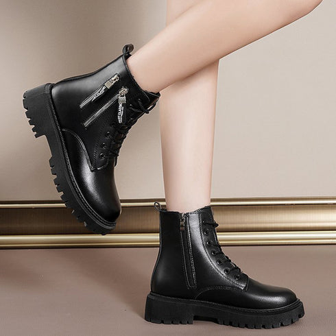 トラックソールブーツ 厚底ショートブーツ 韓国レースアップブーツ 歩きやすい ラウンドトゥマニッシュシューズ レディース アンクルブーツ サイドジッパー 痛くない 86YANYUE-001