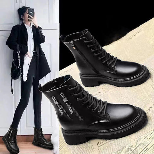 トラックソールブーツ 厚底ショートブーツ 韓国レースアップブーツ 歩きやすい ラウンドトゥマニッシュシューズ レディース アンクルブーツ サイドジッパー 痛くない 86YANYUE-001