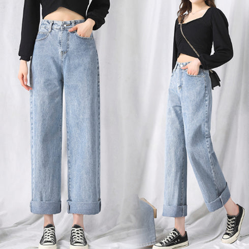 デニムワイドパンツハイウエストレディース ロングパンツ レディース ストレートパンツ カジュアル ズボン 韓国風 ジーンズ ゆったり ボトムス 春夏 ロールアップ 86YIFANGE-003
