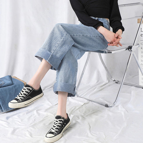 デニムワイドパンツハイウエストレディース ロングパンツ レディース ストレートパンツ カジュアル ズボン 韓国風 ジーンズ ゆったり ボトムス 春夏 ロールアップ 86YIFANGE-003