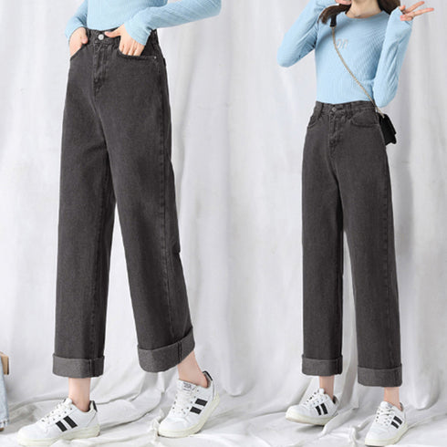 デニムワイドパンツハイウエストレディース ロングパンツ レディース ストレートパンツ カジュアル ズボン 韓国風 ジーンズ ゆったり ボトムス 春夏 ロールアップ 86YIFANGE-003