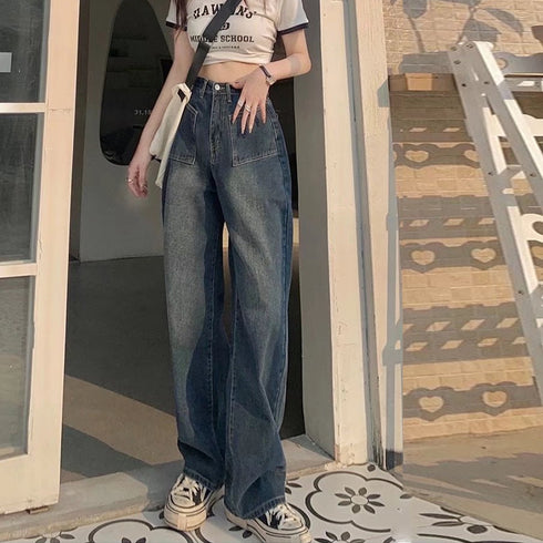 レトロ デニムワイドパンツ ハイウエスト レディース 韓国風 ジーパン 美脚脚長 ボトムス カジュアル ロングパンツ ゆったり ストレートパンツ 春夏秋冬おしゃれ 86YIFANGE-004