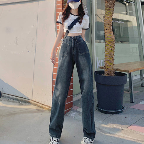 レトロ デニムワイドパンツ ハイウエスト レディース 韓国風 ジーパン 美脚脚長 ボトムス カジュアル ロングパンツ ゆったり ストレートパンツ 春夏秋冬おしゃれ 86YIFANGE-004
