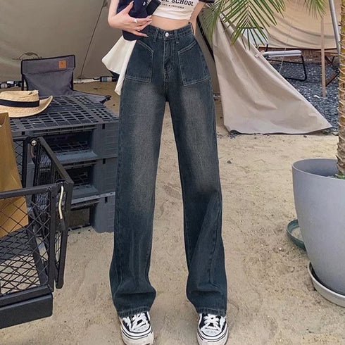 レトロ デニムワイドパンツ ハイウエスト レディース 韓国風 ジーパン 美脚脚長 ボトムス カジュアル ロングパンツ ゆったり ストレートパンツ 春夏秋冬おしゃれ 86YIFANGE-004