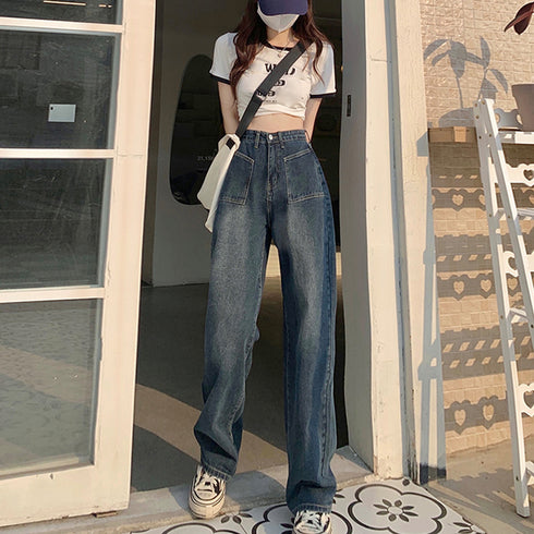 レトロ デニムワイドパンツ ハイウエスト レディース 韓国風 ジーパン 美脚脚長 ボトムス カジュアル ロングパンツ ゆったり ストレートパンツ 春夏秋冬おしゃれ 86YIFANGE-004