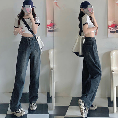 レトロ デニムワイドパンツ ハイウエスト レディース 韓国風 ジーパン 美脚脚長 ボトムス カジュアル ロングパンツ ゆったり ストレートパンツ 春夏秋冬おしゃれ 86YIFANGE-004