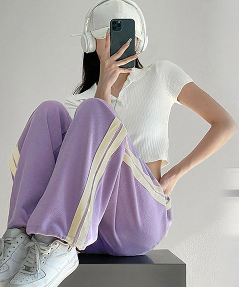 サイドラインスウェットパンツ レディース 韓国風 ハイウエストワイドパンツ 美脚脚長 ゆったりロングパンツ 体型カバーズボン カジュアルイージーパンツ オルチャン 86YIFANGE-007