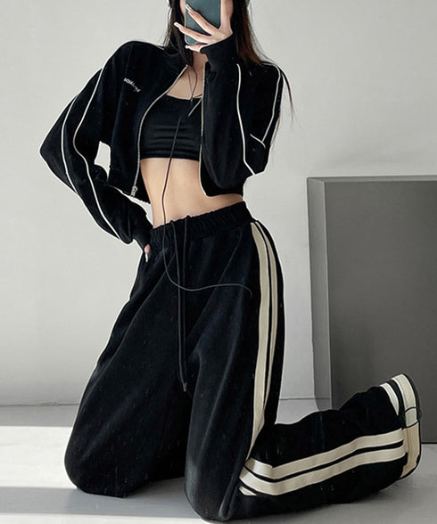 サイドラインスウェットパンツ レディース 韓国風 ハイウエストワイドパンツ 美脚脚長 ゆったりロングパンツ 体型カバーズボン カジュアルイージーパンツ オルチャン 86YIFANGE-007