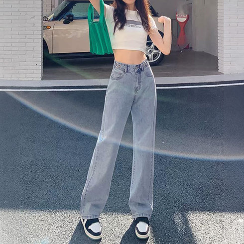 ストレートデニムパンツ レディース 美脚 ハイウエスト セミワイドデニムパンツ 脚長見せ ロングパンツ ゆったり 着やせ ボトムス 韓国風 オルチャン定番デニム 86YIFANGE-009