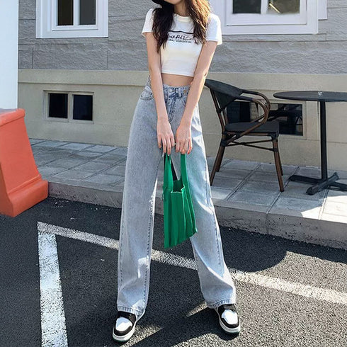 ストレートデニムパンツ レディース 美脚 ハイウエスト セミワイドデニムパンツ 脚長見せ ロングパンツ ゆったり 着やせ ボトムス 韓国風 オルチャン定番デニム 86YIFANGE-009