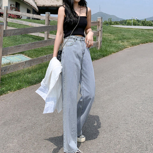 ストレートデニムパンツ レディース 美脚 ハイウエスト セミワイドデニムパンツ 脚長見せ ロングパンツ ゆったり 着やせ ボトムス 韓国風 オルチャン定番デニム 86YIFANGE-009