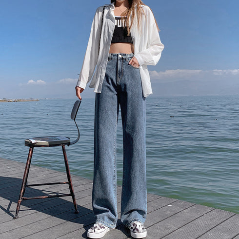 ストレートデニムパンツ レディース 美脚 ハイウエスト セミワイドデニムパンツ 脚長見せ ロングパンツ ゆったり 着やせ ボトムス 韓国風 オルチャン定番デニム 86YIFANGE-009