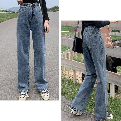 ストレートデニムパンツ レディース 美脚 ハイウエスト セミワイドデニムパンツ 脚長見せ ロングパンツ ゆったり 着やせ ボトムス 韓国風 オルチャン定番デニム 86YIFANGE-009