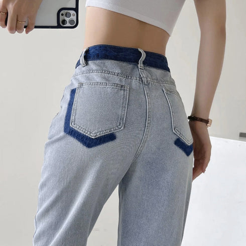 配色ストレートデニムパンツ ハイウエスト ジーパン レディース バイカラー セミワイドパンツ サイドライン 着やせボトムス カジュアル 美脚オールジーンズ 韓国風 86YIFANGE-010